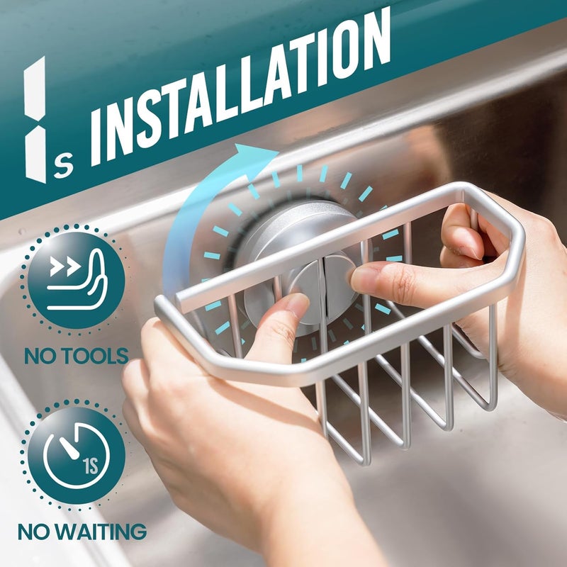 Taili Sponge Holder for Kitchen Sink with Strong Suction Cup Removable, Rustproof Aluminum Sink Caddy for Sponge, Brush, Scrubber, Scraper -Silver - Image 2